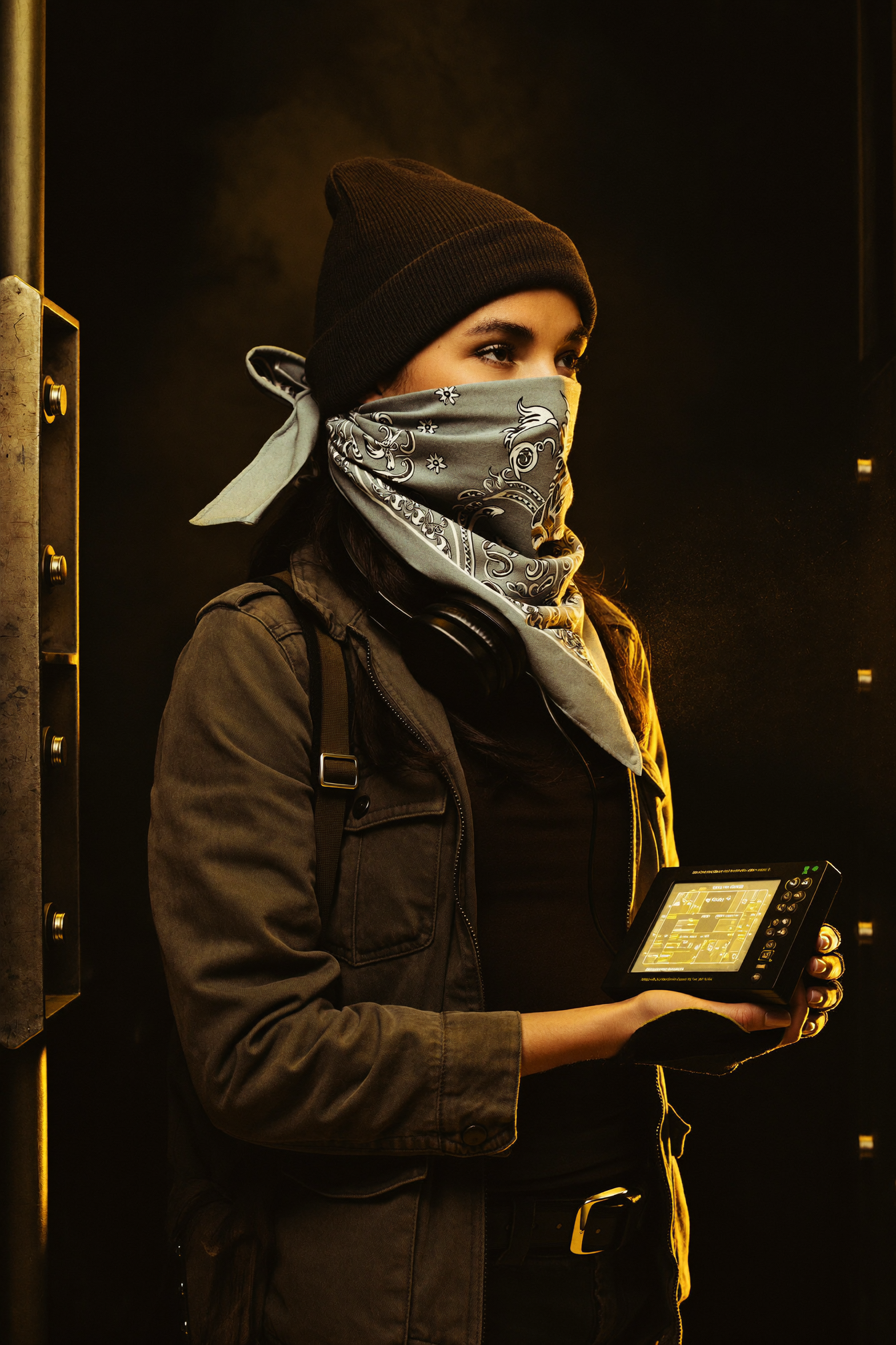 Gri bandanalı, bereli ve kulaklıklı kadın teknisyen, elinde ışıklı cihaz